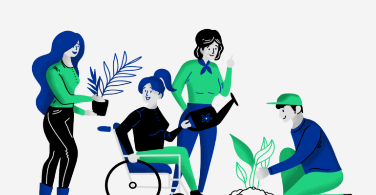 Różne osoby - kobieta trzymająca doniczkę z kwiatkiem, kobieta na wózku, kobieta z konewką w ręku i mężczyna sadzący roślinę